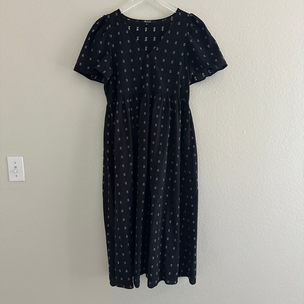 Madewell Midi Dress Womens Small Black Embroidered V-Neck Puff Sleeve Pockets